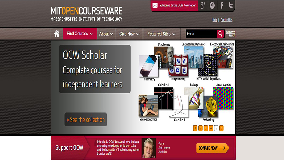 Home page del portal web MIT OpenCourseWare, Massachusetts Institute of Technology