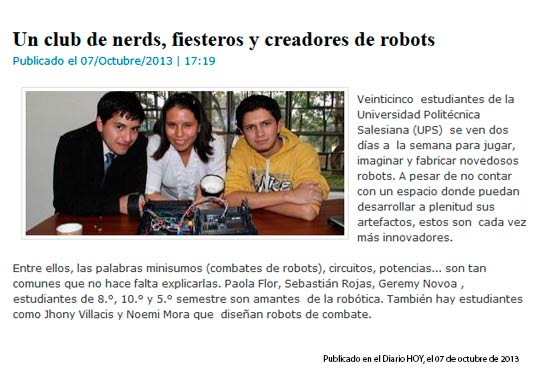 QUITO: Estudiantes del Club de Robótica en el Diario Hoy