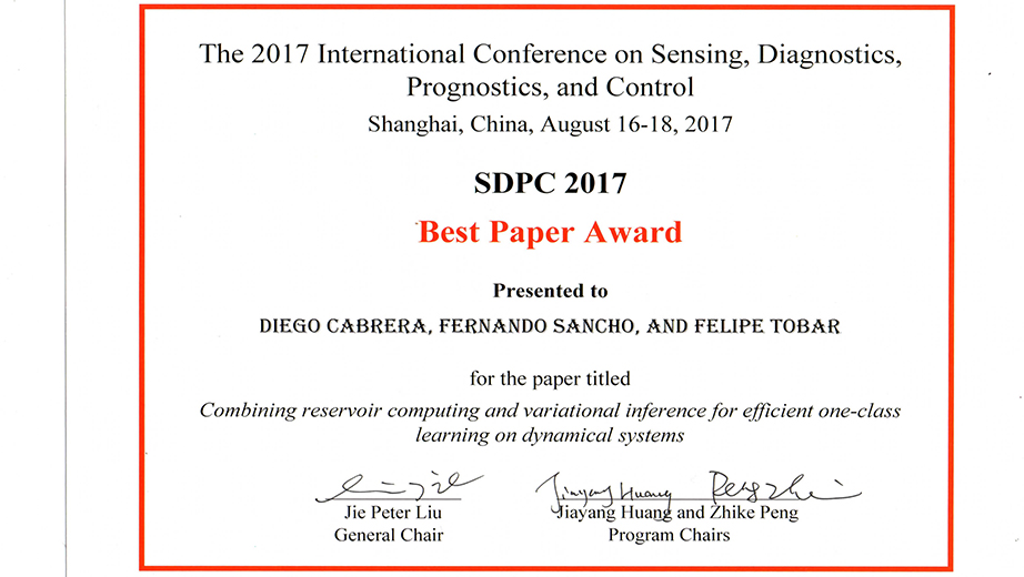 Certificado del premio Best  del cual es parte Diego Paper Awards obtenido por el equipo de investigadoresCabrera de la UPS