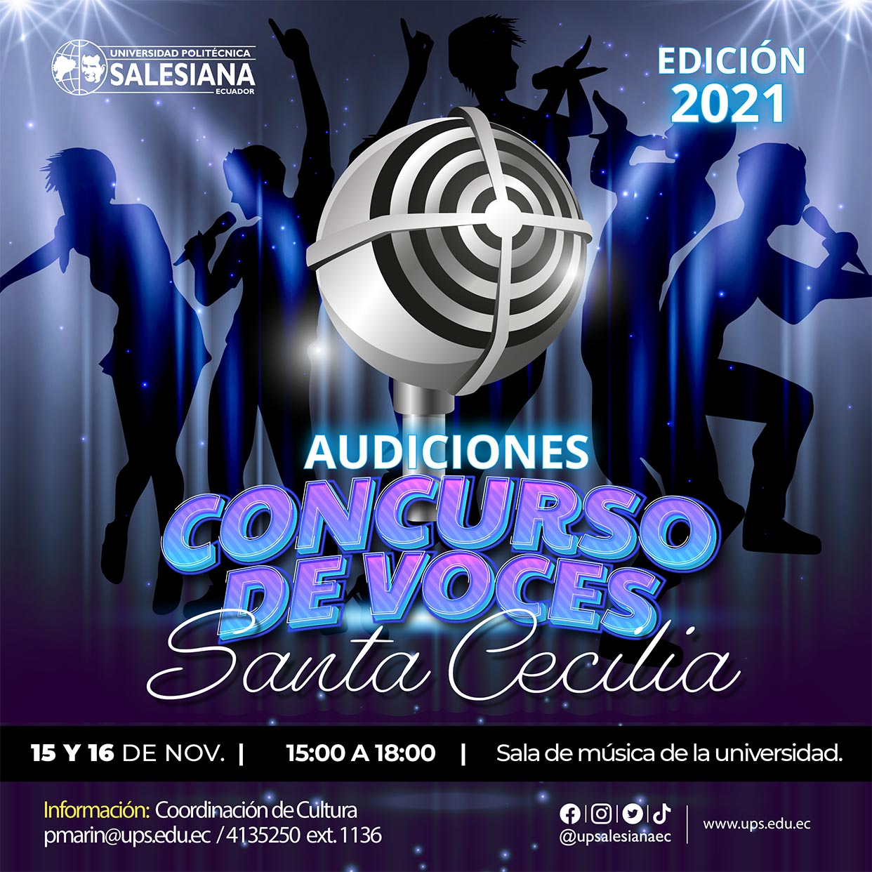 Afiche promocional para las Audiciones para el Concurso de Voces Santa Cecilia, edición 2021
