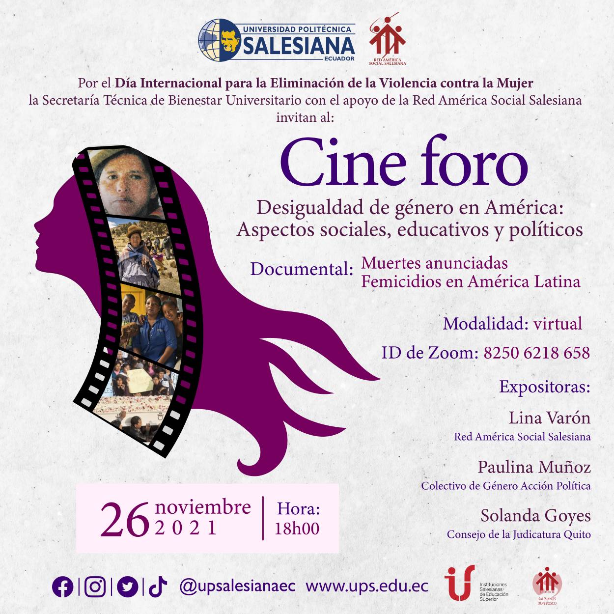 Afiche promocional del Cine Foro: Desigualdad de género en América; Aspectos sociales, educativos y políticos