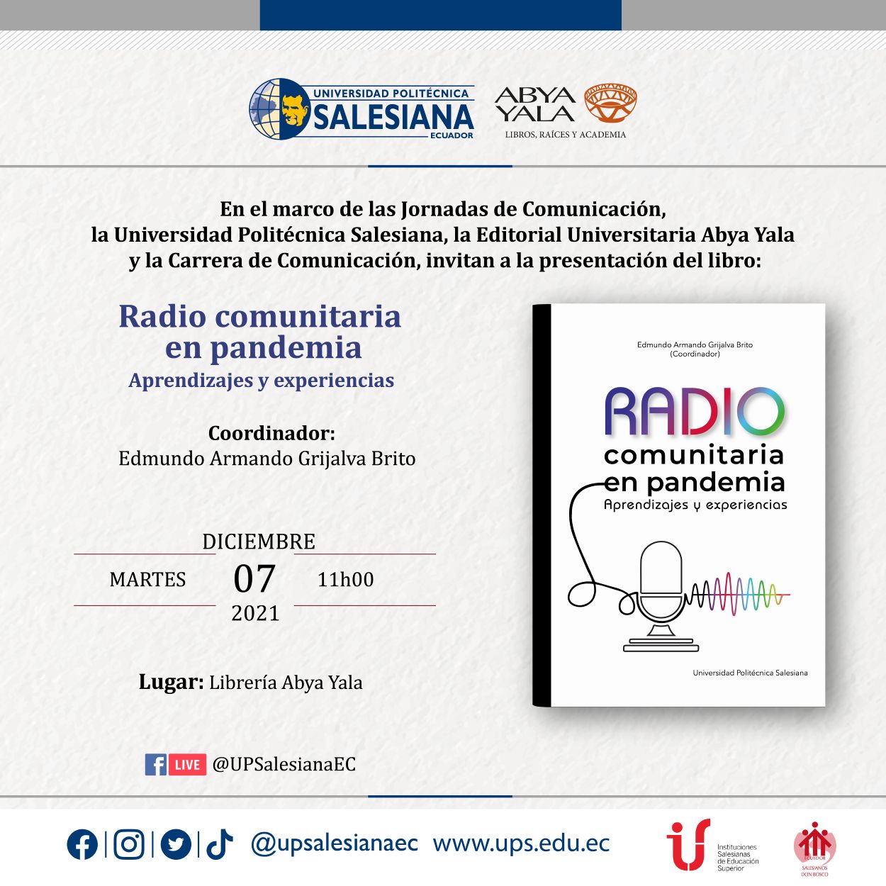 Afiche promociona de evento de Presentación del libro: Radio comunitaria en pandemia. Aprendizajes y experiencias