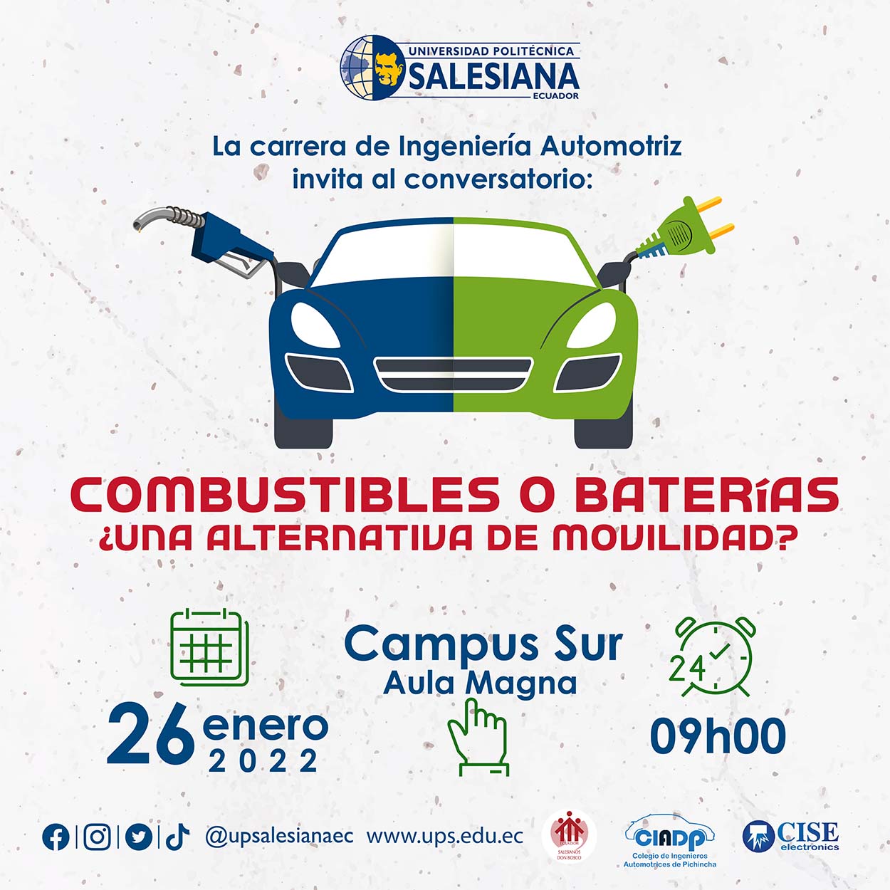 Afiche promocional del Conversatorio: Combustibles o baterías ¿Una alternativa de movilidad?