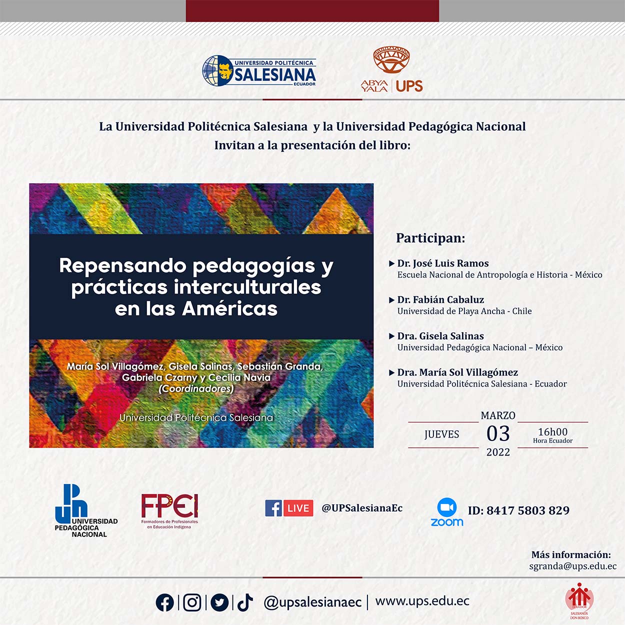 Afiche de la Presentación del libro: Repensando pedagogías y prácticas interculturales en las Américas