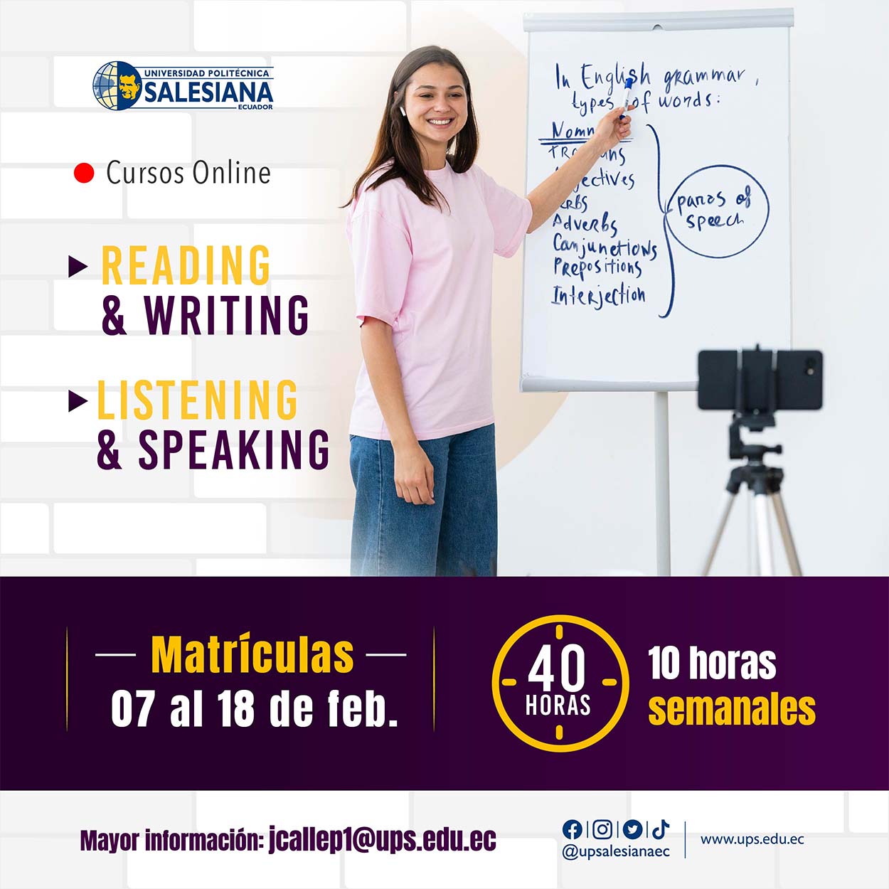 Afiche promocional de los Cursos vacacionales en las cuatro destrezas del idioma Inglés