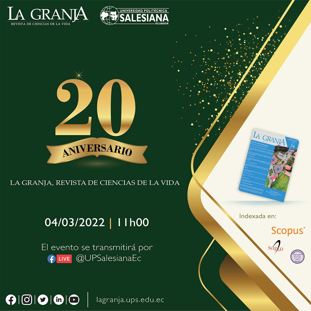 Afiche promocional del 20 Aniversario de La Granja, Revista de Ciencias de la Vida