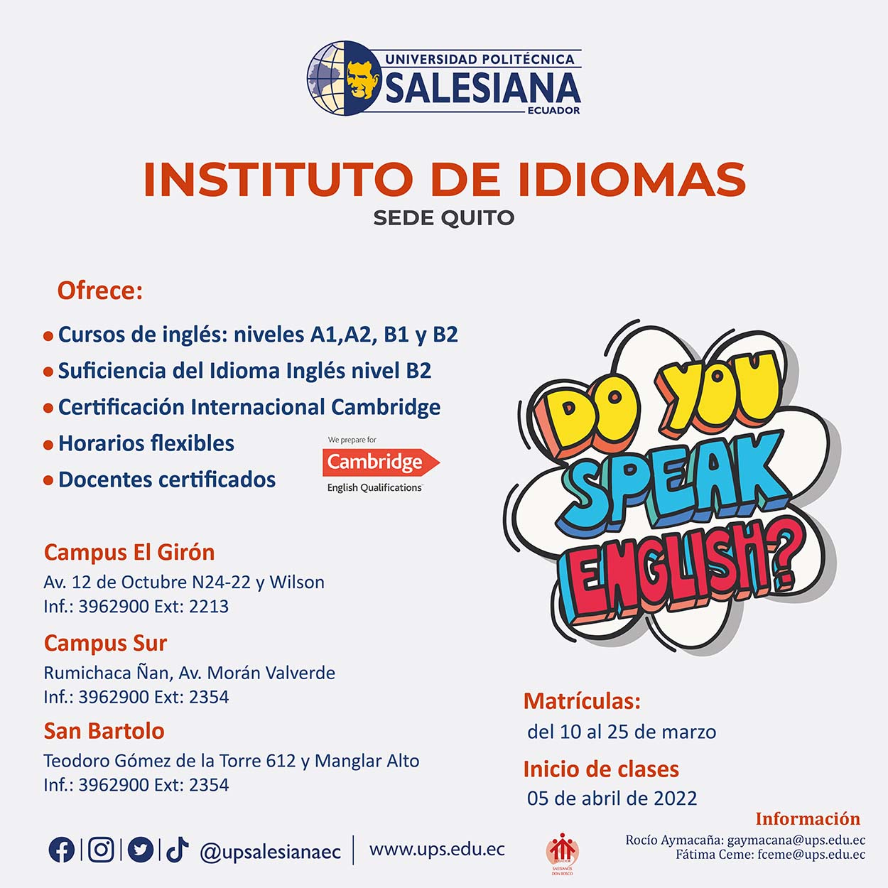 Afiche promocional de los Cursos de Inglés - sede Quito