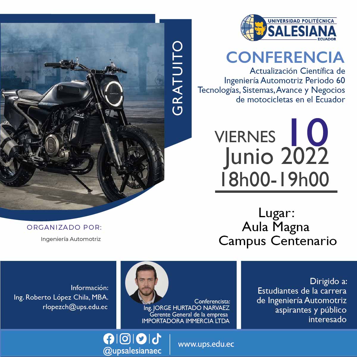 Afiche de la Conferencia: Tecnologías, sistemas, avance y negocios de motocicletas en el Ecuador