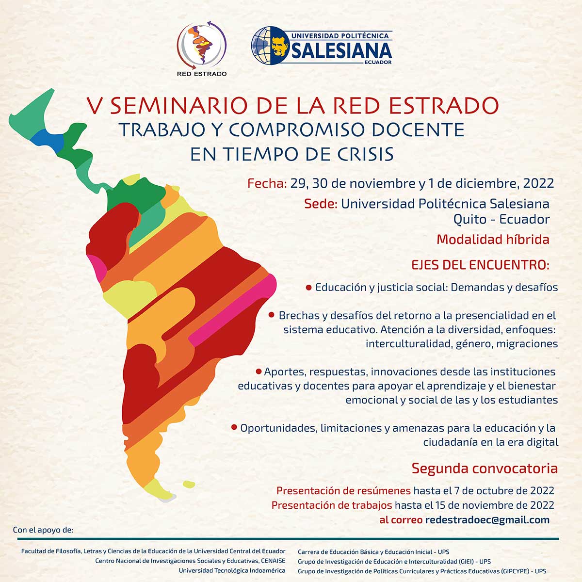 Afiche V Seminario Red Estrado Capítulo Ecuador. Trabajo y compromiso docente en tiempo de crisis