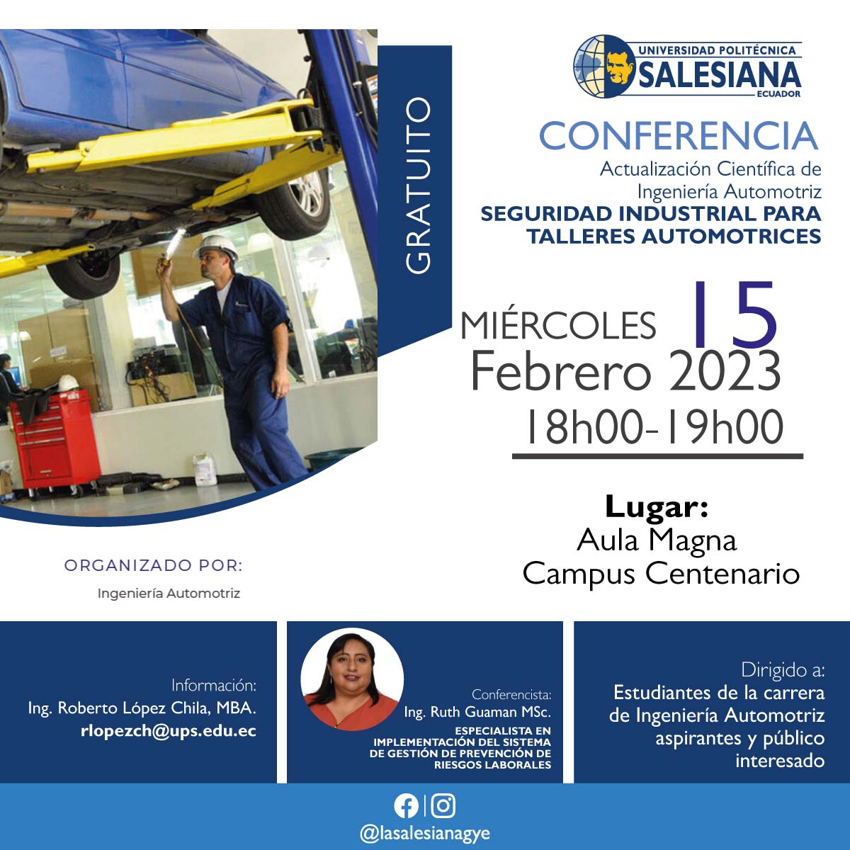 Afiche promocional de la Conferencia: Seguridad Industrial para Talleres Automotrices