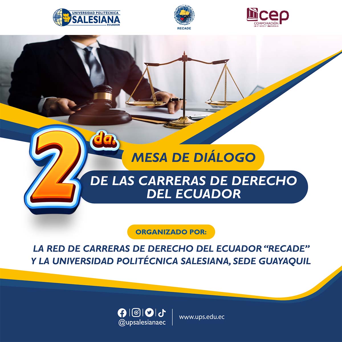 Afiche promocional de la segunda mesa de diálogo de las carreras de Derecho del Ecuador