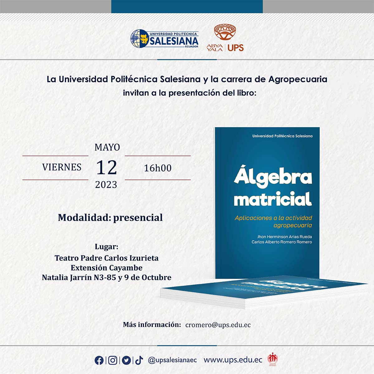 Afiche promocional de la Presentación del libro: Álgebra matricial. Aplicaciones a la actividad agropecuaria