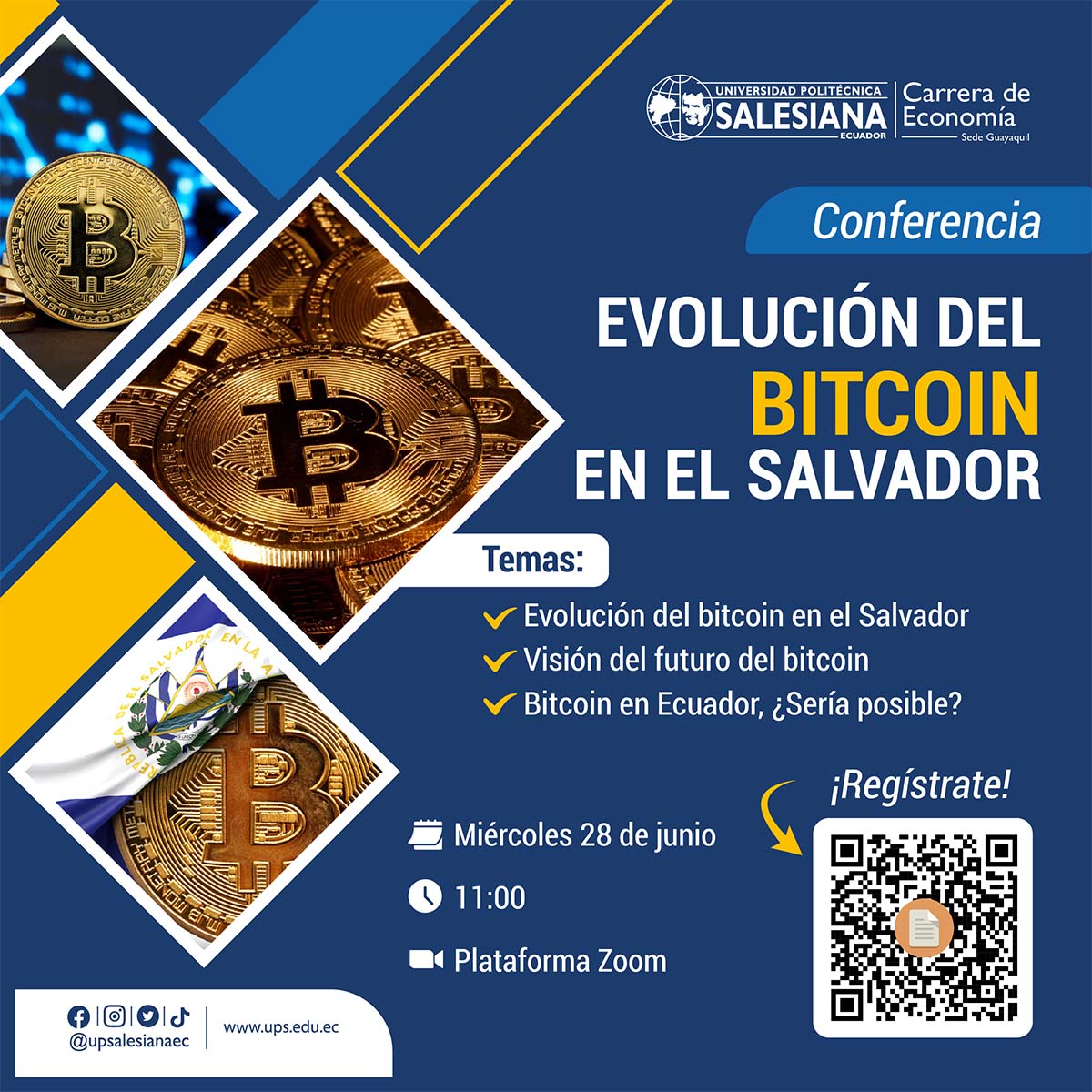 Afiche promocional de la Conferencia: Evolución del Bitcoin en El Salvador