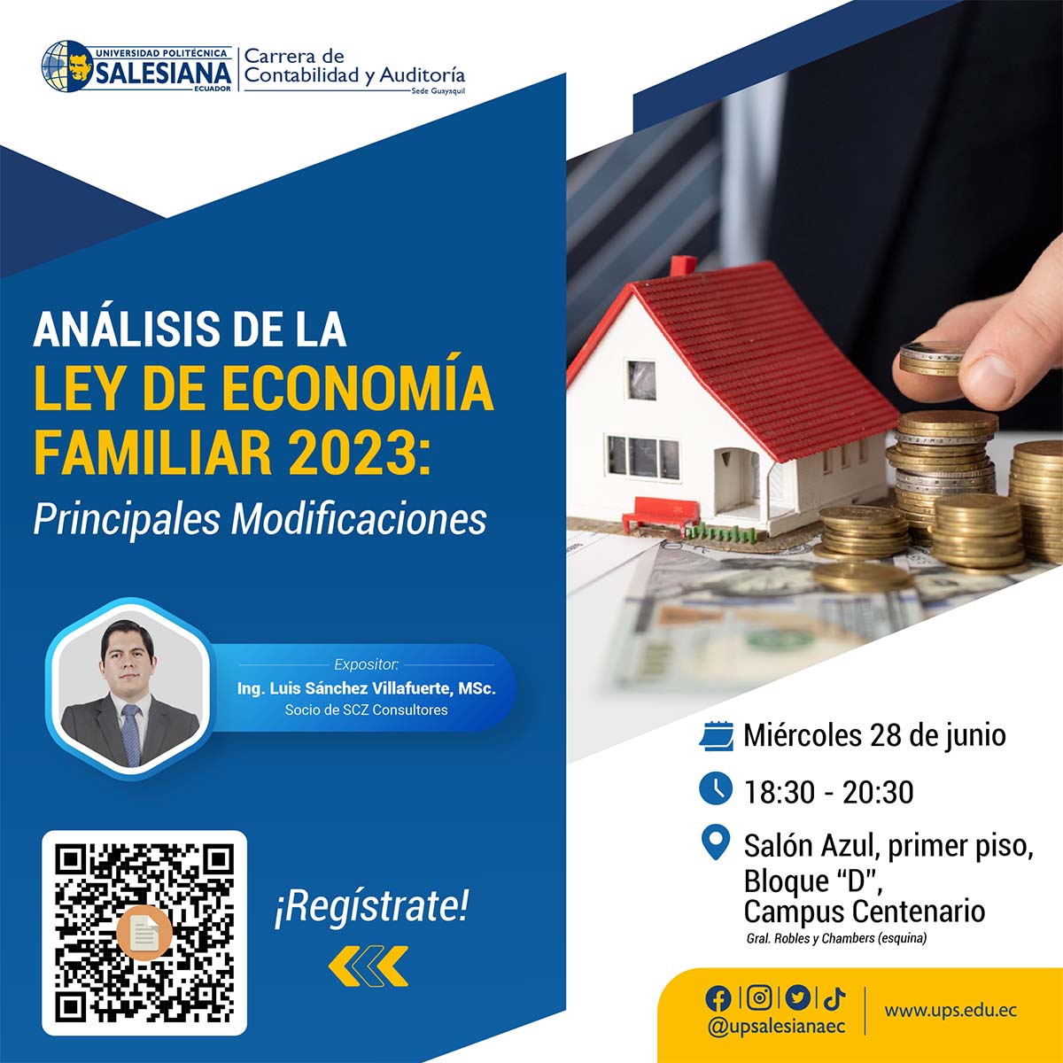 Afiche promocional de la Charla: Análisis de la ley de economía familiar 2023