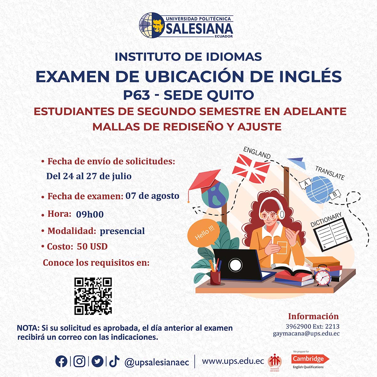 Afiche curso de ingles y examen  de ubicación