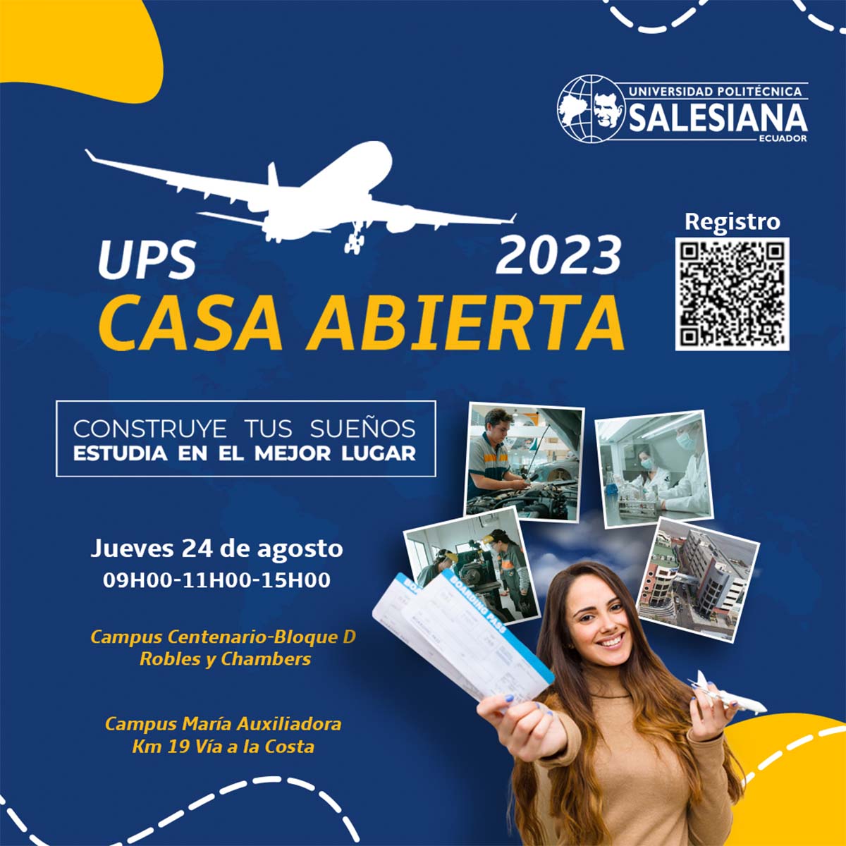 Afiche promocional de la Casa abierta UPS 2023 - sede Guayaquil