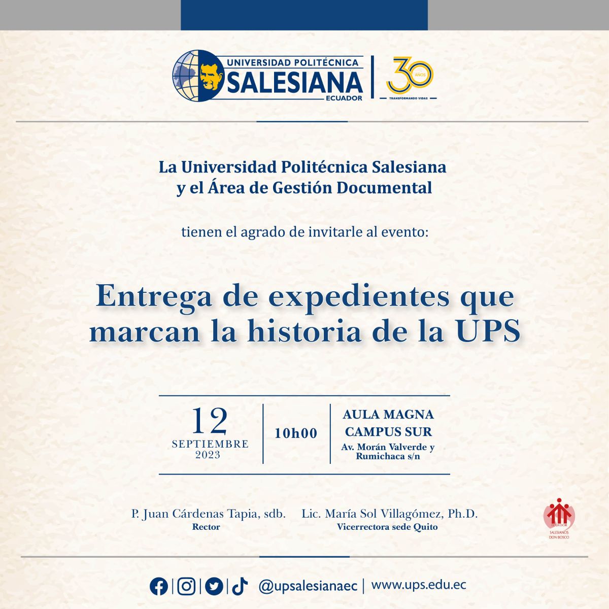 Afiche promocional de la entrega de expedientes que marcan la historia de la UPS