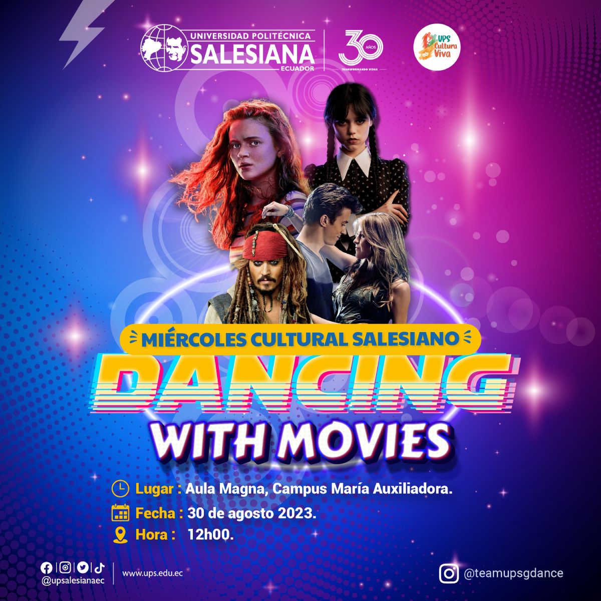 Afiche promocional del Miércoles Cultural Salesiano - Dance with movies