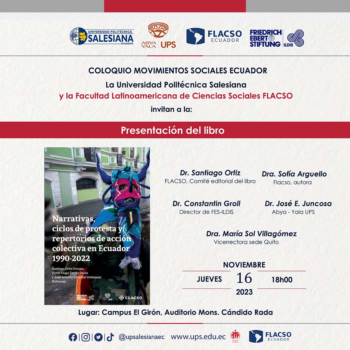 Afiche de la presentación del libro: Narrativas, ciclos de protesta y repertorios de acción colectiva en Ecuador (1990 - 2020)