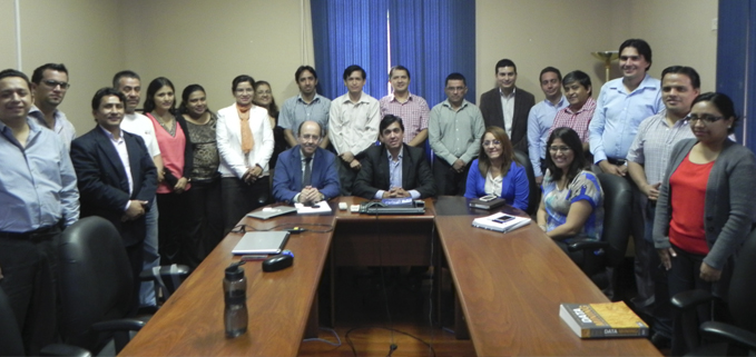 Andres Bayolo, UPS-Guayaquil Vice President, with Emilio Mingues PhD, UPM representative, professors and researchers