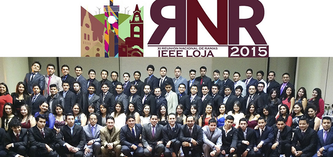 Cristina Bustamante y Luis Zhunio, miembros IEEE-PES de la Universidad Politécnica Salesiana, junto a miembros IEEE estudiantiles, docentes, expositores internacionales y organizadores de la RNR2015.