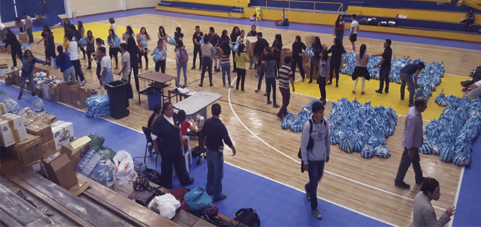 Students in the university coliseum