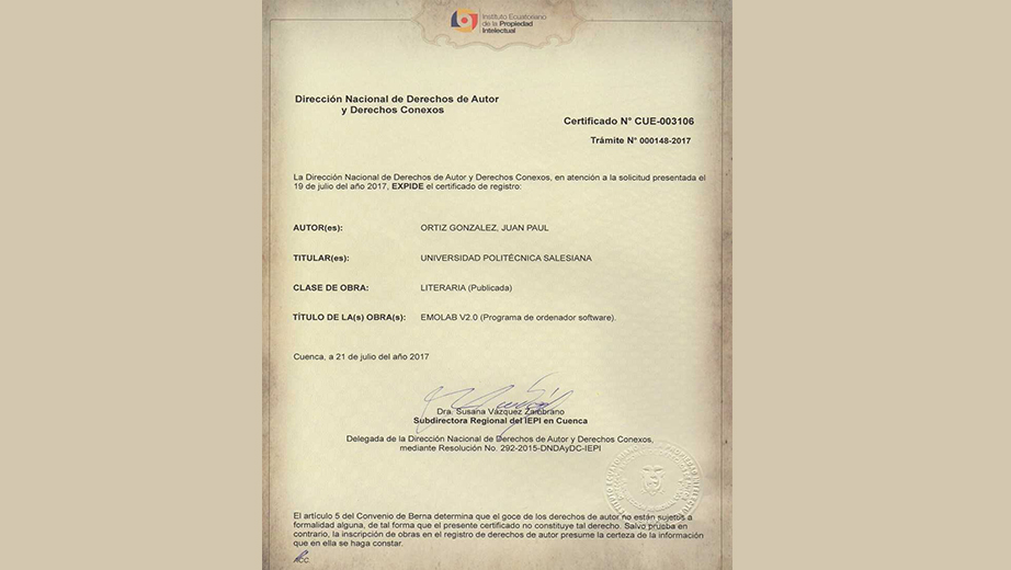 Certificado de registro del Instituto Ecuatoriano de Propiedad Intelectual