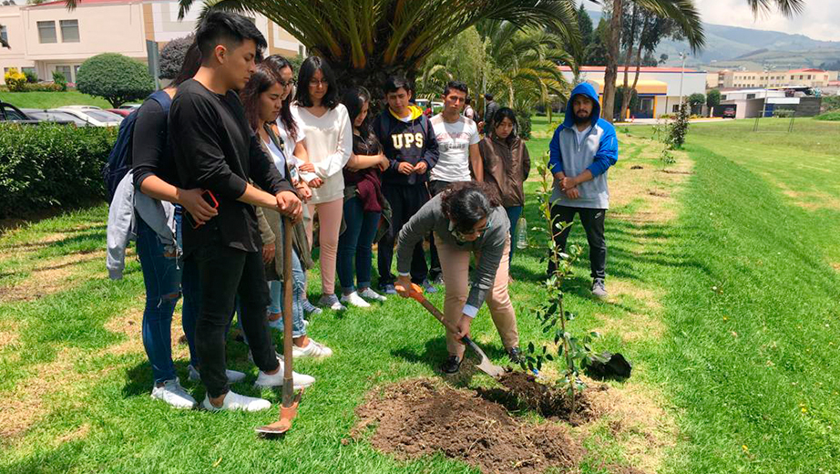 Karina Pazmiño, director of the environmental engineering program, planting one of the trees