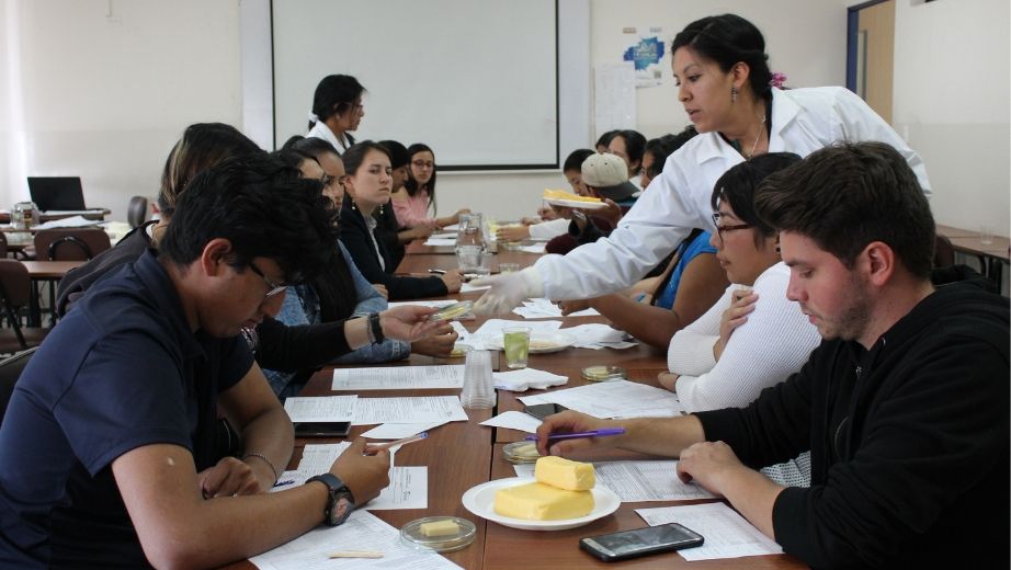 Docentes y estudiantes de las carreras de Ingeniería de Biotecnología y Agropecuaria y personal administrativo en el taller de catación de quesos.