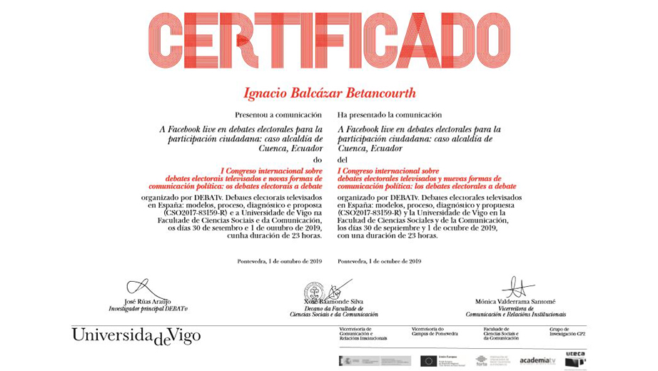Certificado de participación en el Congreso como ponente
