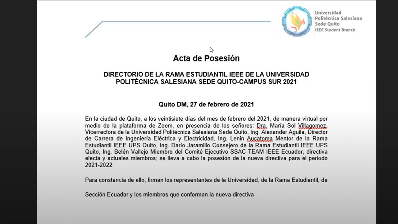 Acta de posesión de la IEEE sede Quito