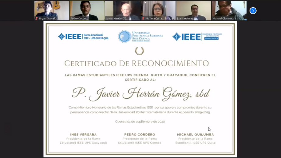 Imagen del certificado de reconocimiento al Padre Javier Herrán, ex Rector de la UPS.