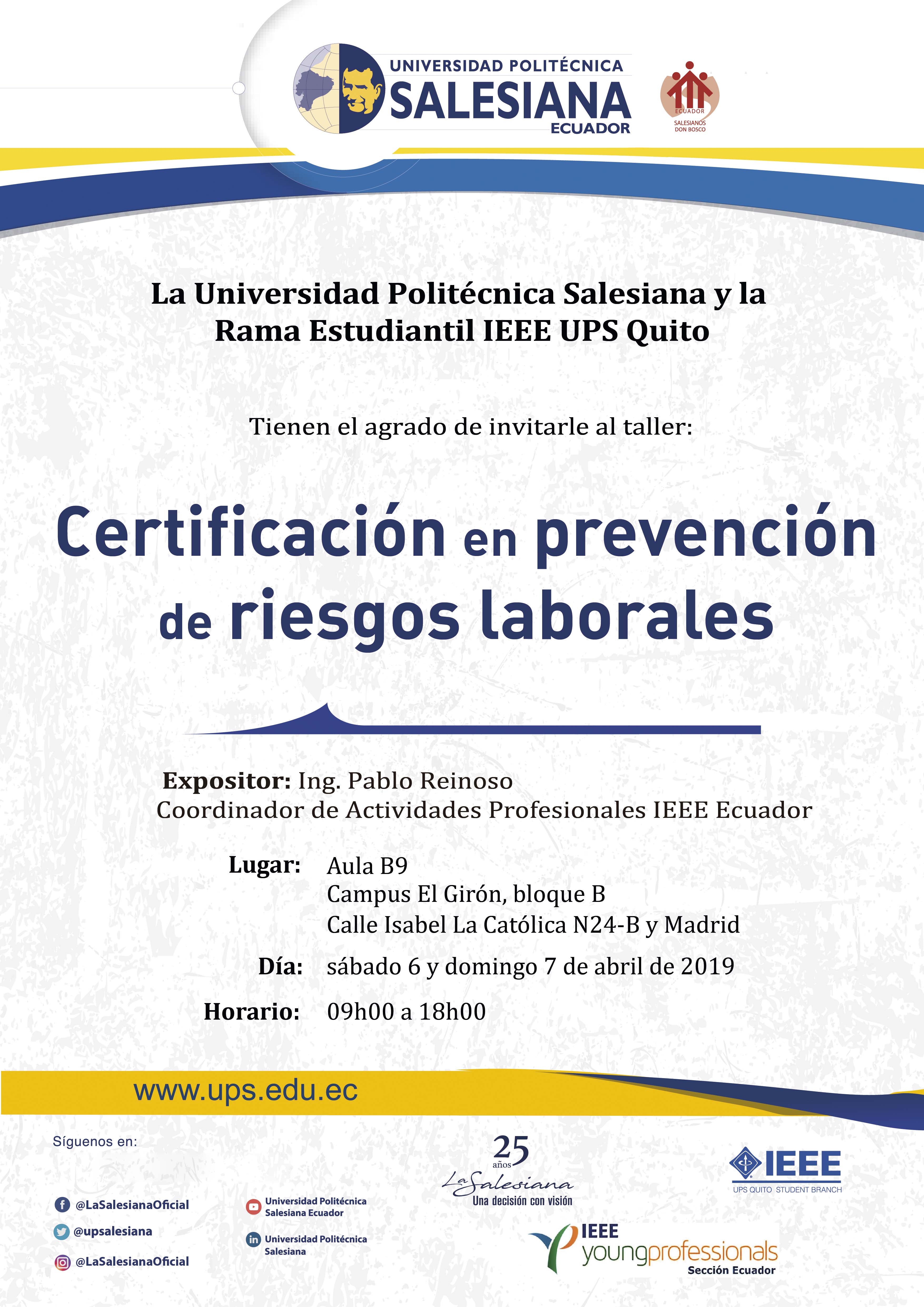 Obediencia laberinto cinta Taller: Certificación en prevención de riesgos laborales - UPS
