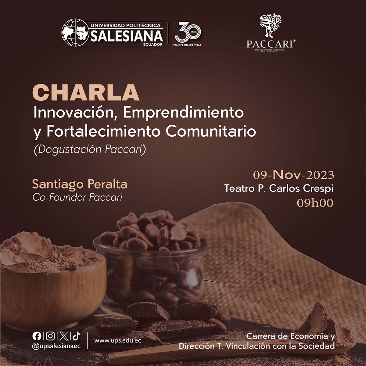 Afiche promocional de la Charla: Innovación, emprendimiento y fortalecimiento comunitario