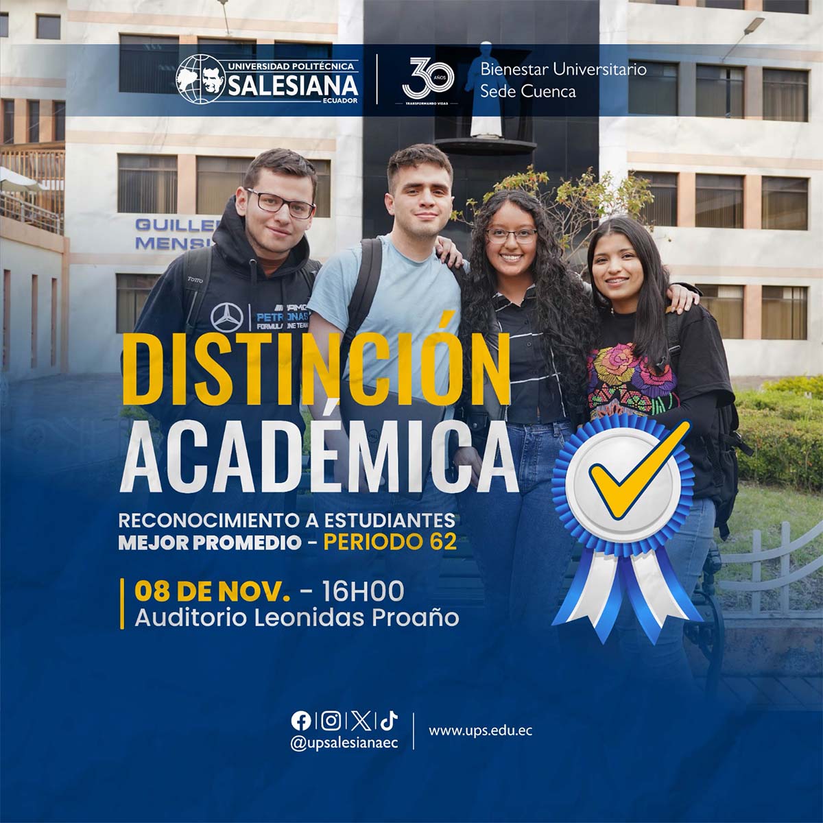 Afiche promocional del evento de distinción académica: Reconocimiento a estudiantes mejor promedio del P62