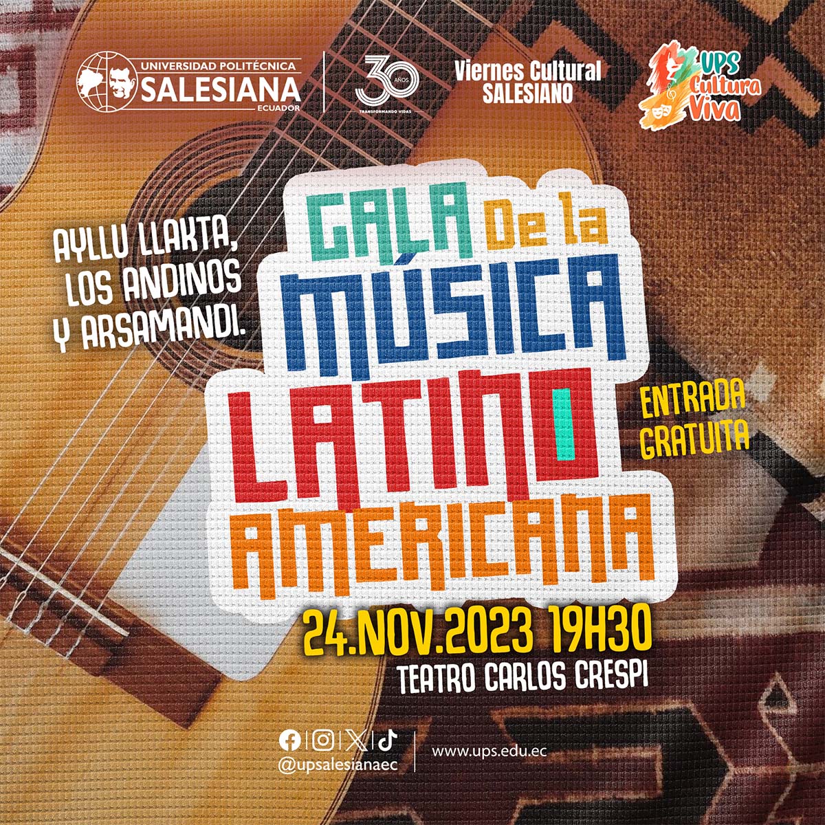 Afiche promocional del Viernes Cultural Salesiano - Gala de la Música Latinoamericana