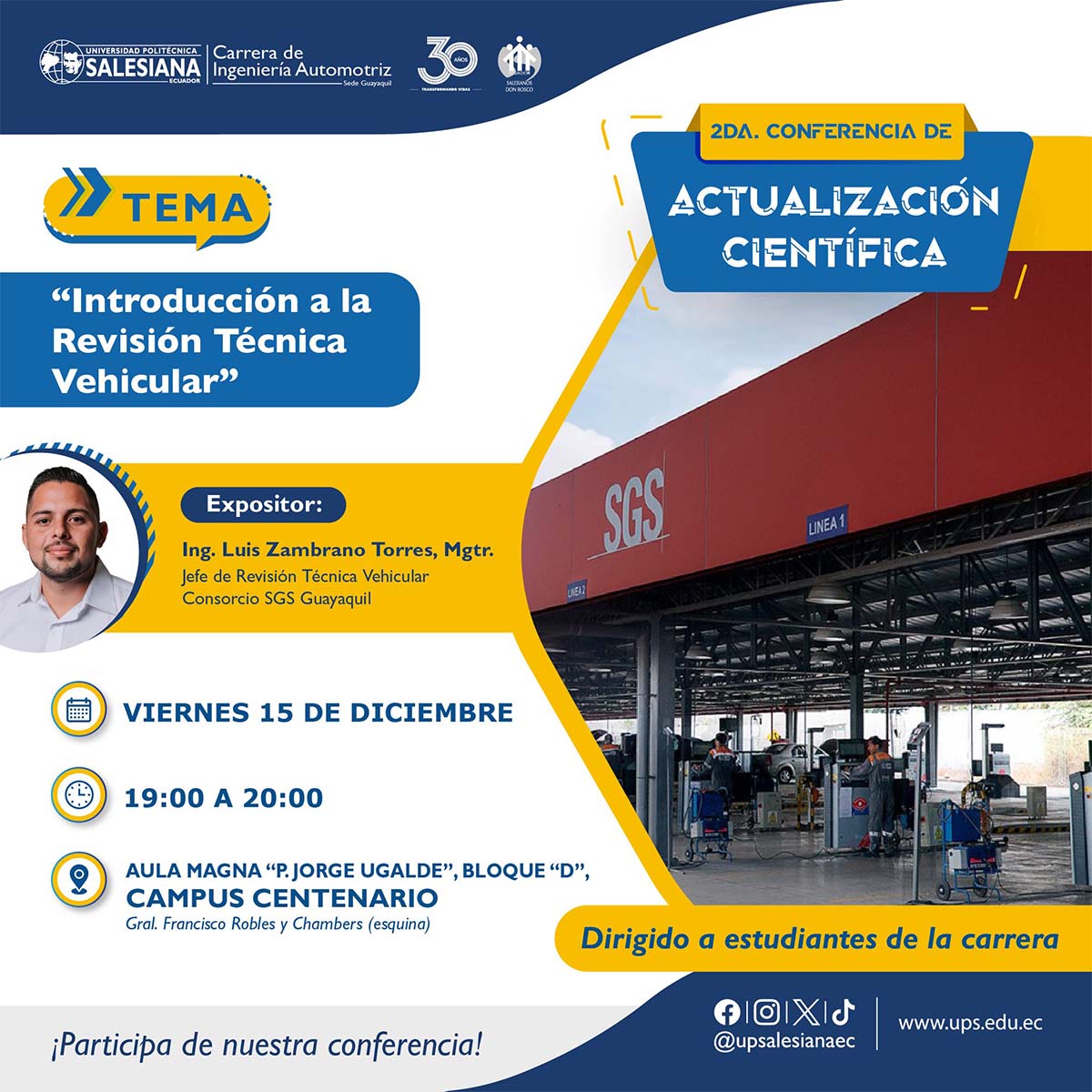 Afiche promocional de la Conferencia: Introducción a la Revisión Técnica Vehicular