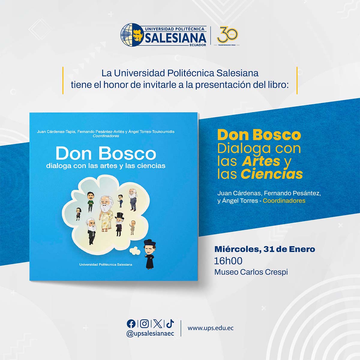 Afiche promocional de la presentación del libro: Don Bosco dialoga con las Artes y la Ciencias