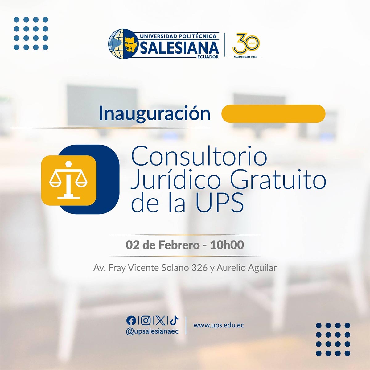 Afiche promocional de la Inauguración del Consultorio Jurídico Gratuito sede Cuenca