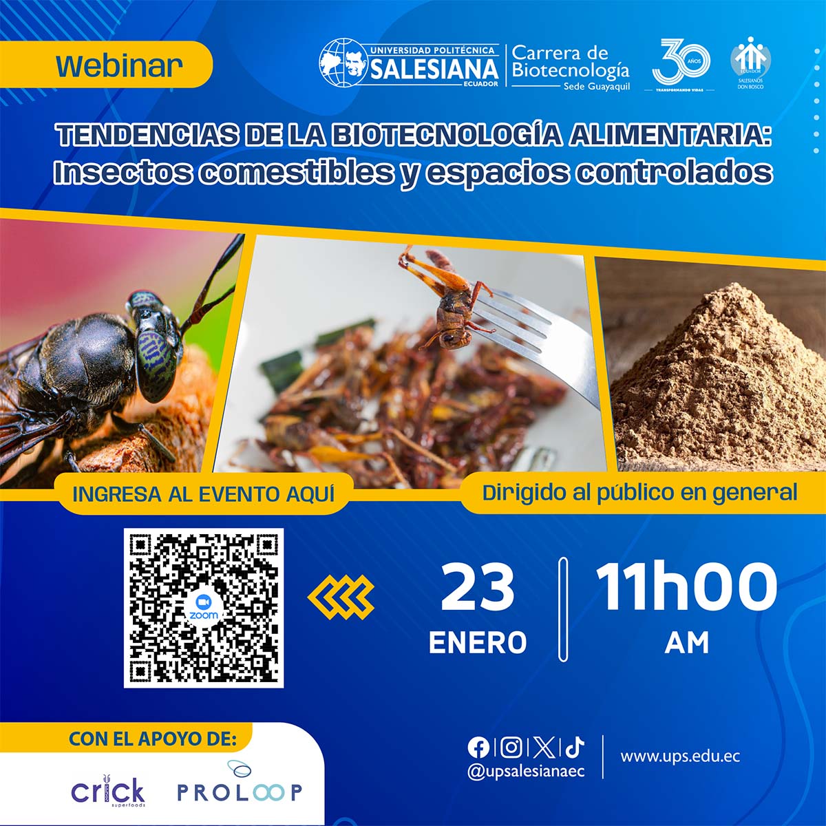 Afiche promocional del Webinar: Tendencias de la Biotecnología Alimentaria: Insectos Comestibles y Espacios Controlados