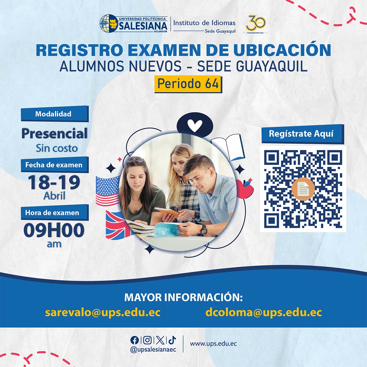 Afiche promocional del Examen de ubicación de Inglés - sede Guayaquil