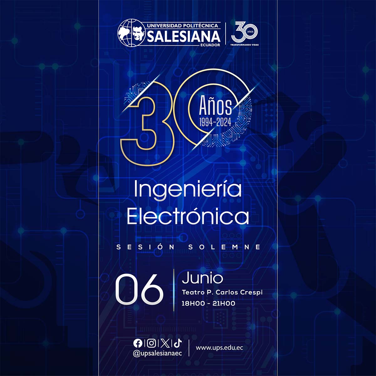 Afiche promocional del 30° aniversario de la carrera de Ingeniería Electrónica - sede Cuenca