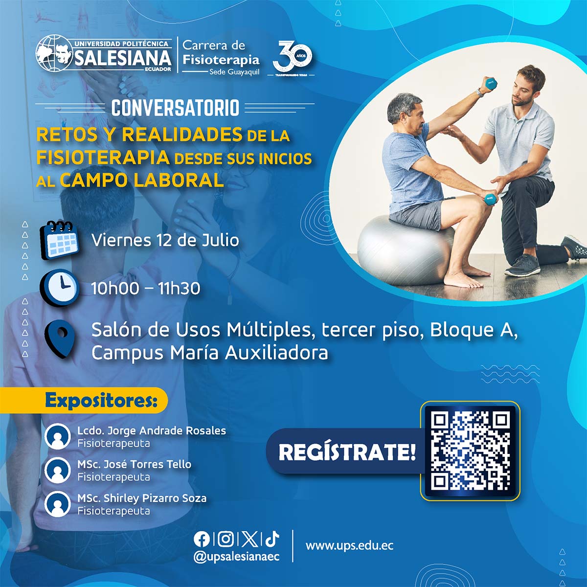 Afiche del Conversatorio: Retos y realidades de la fisioterapia desde sus inicios