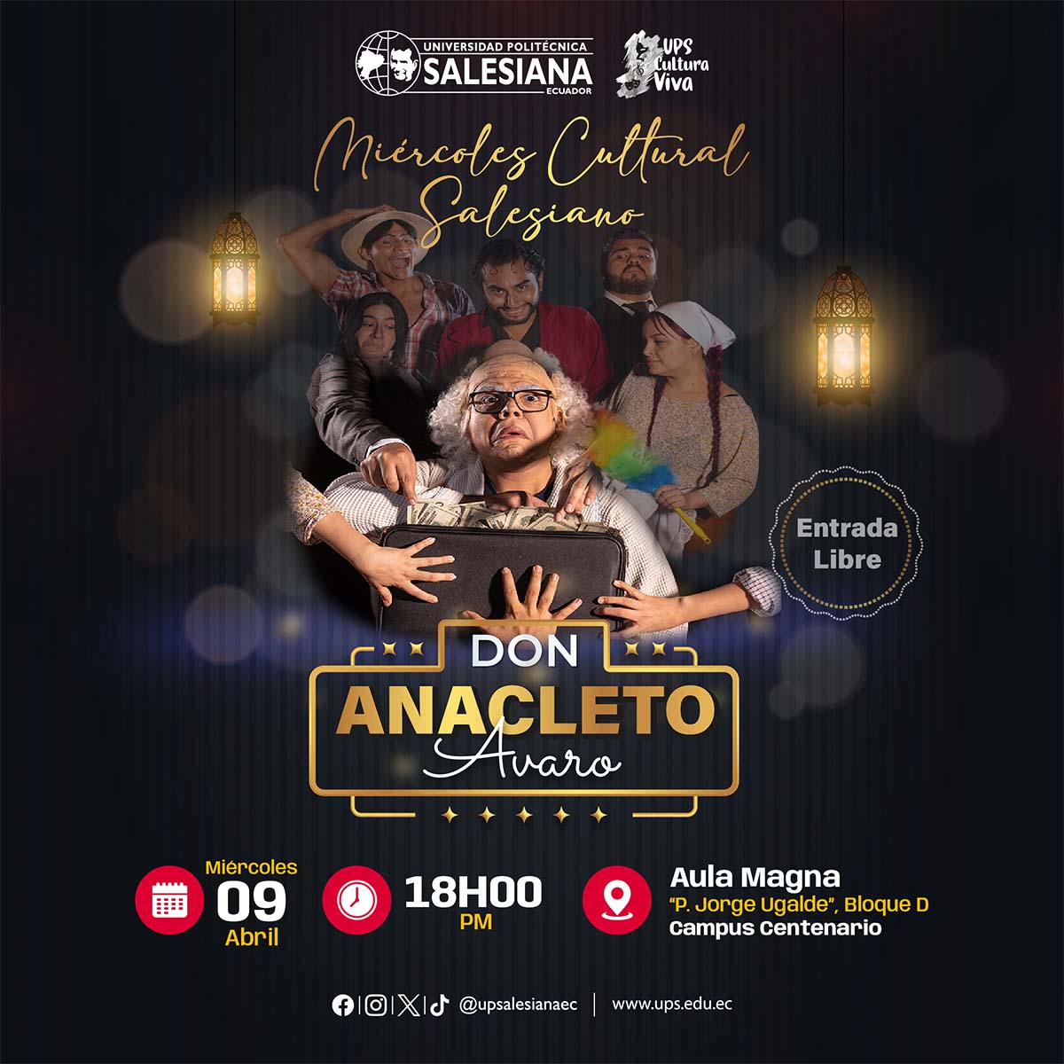 Afiche del Miércoles Cultural Salesiano - Obra teatral: Don Anacleto Avaro