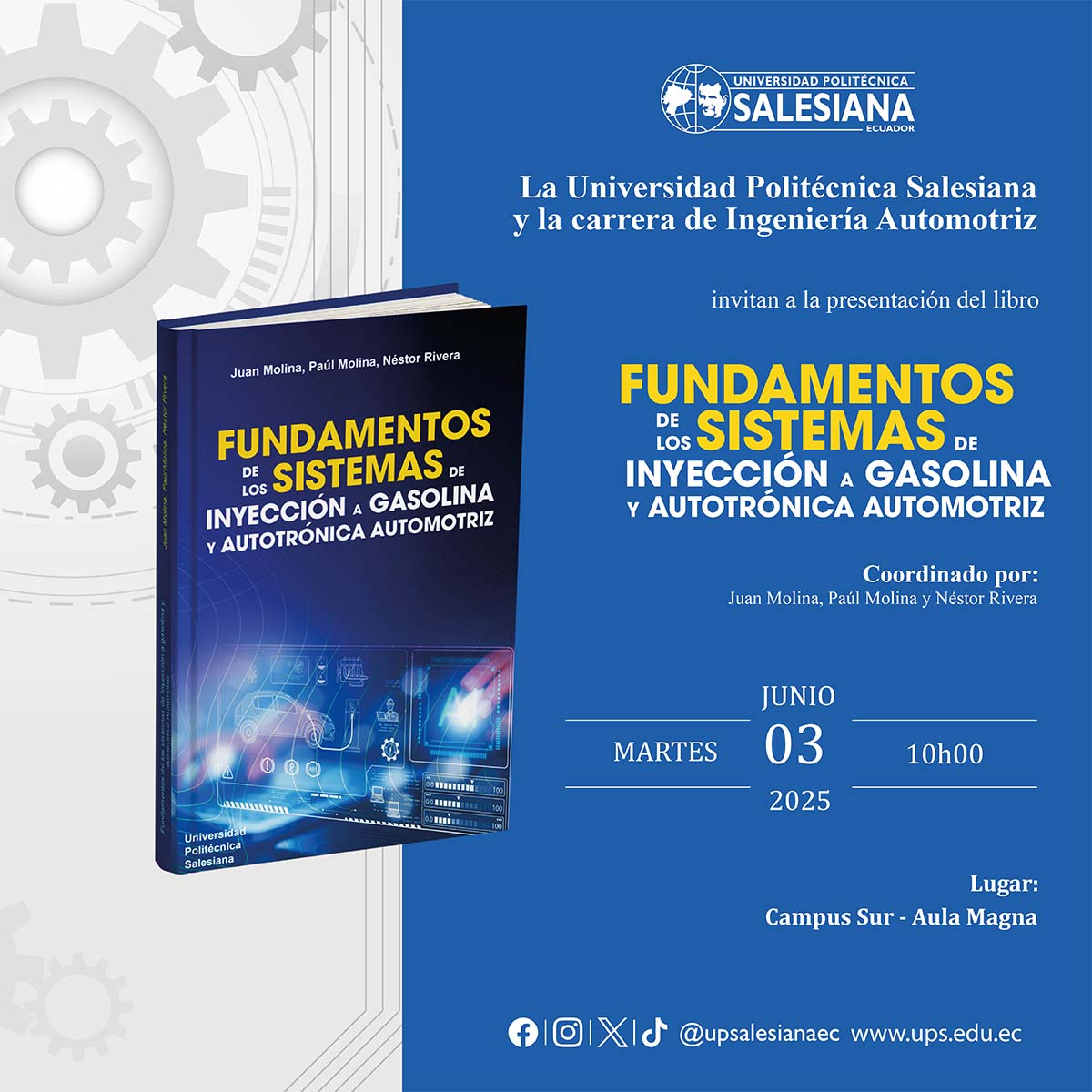 Afiche Presentación de libro: Fundamentos de los Sistemas de Inyección a Gasolina y Autotrónica Automotriz