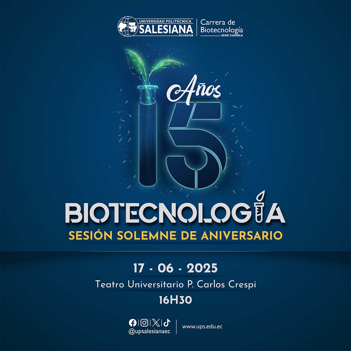 Afiche del 15° aniversario de la carrera de Biotecnología - sede Cuenca