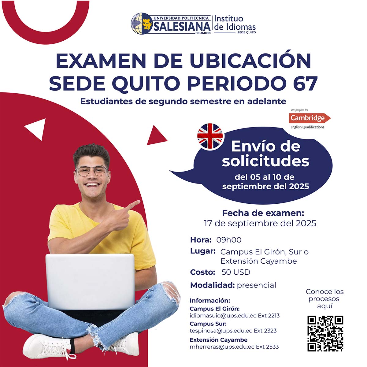 Afiche del Examen de ubicación de Inglés - sede Quito