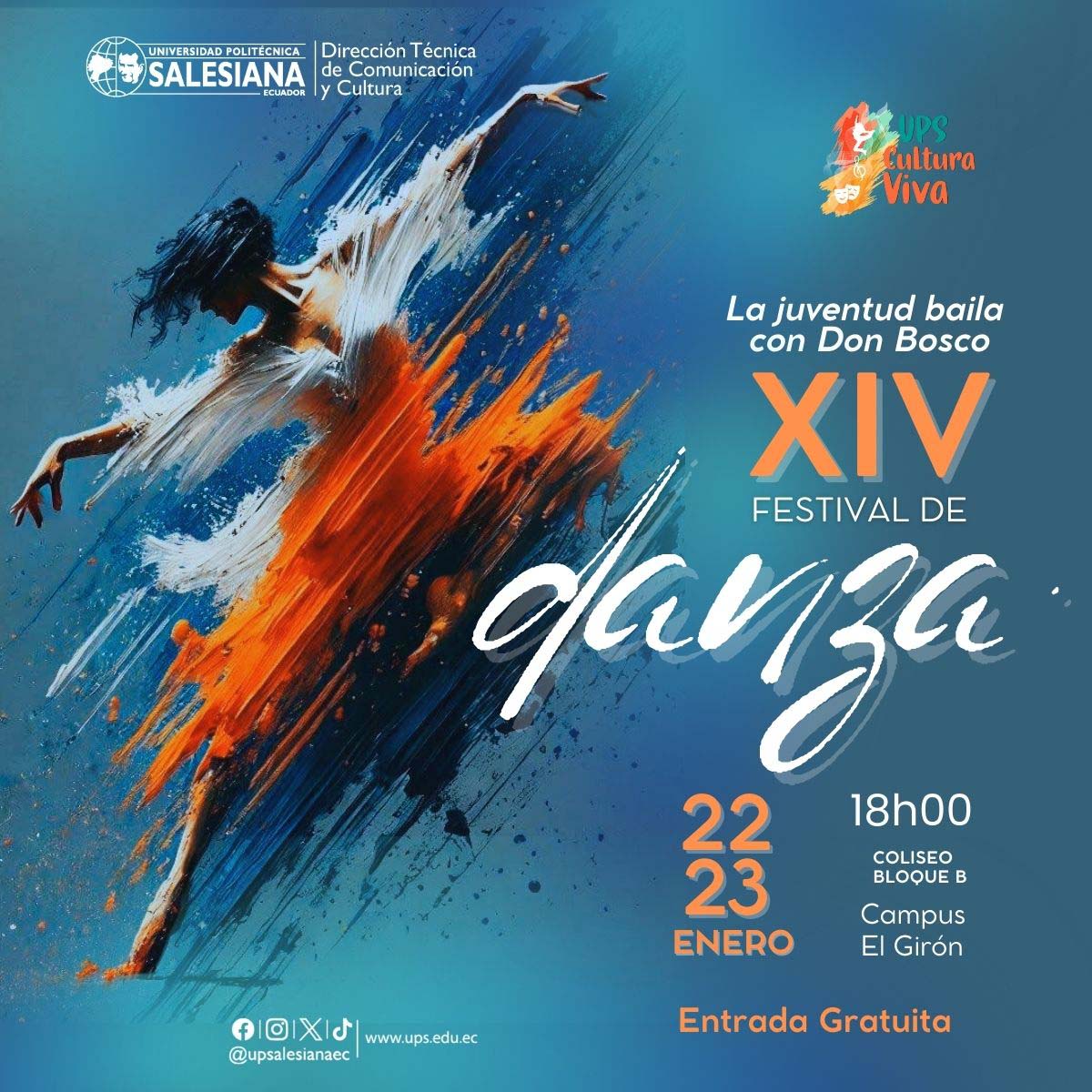 Afiche del XIV Festival de Danza Universitaria: La juventud baila con Don Bosco