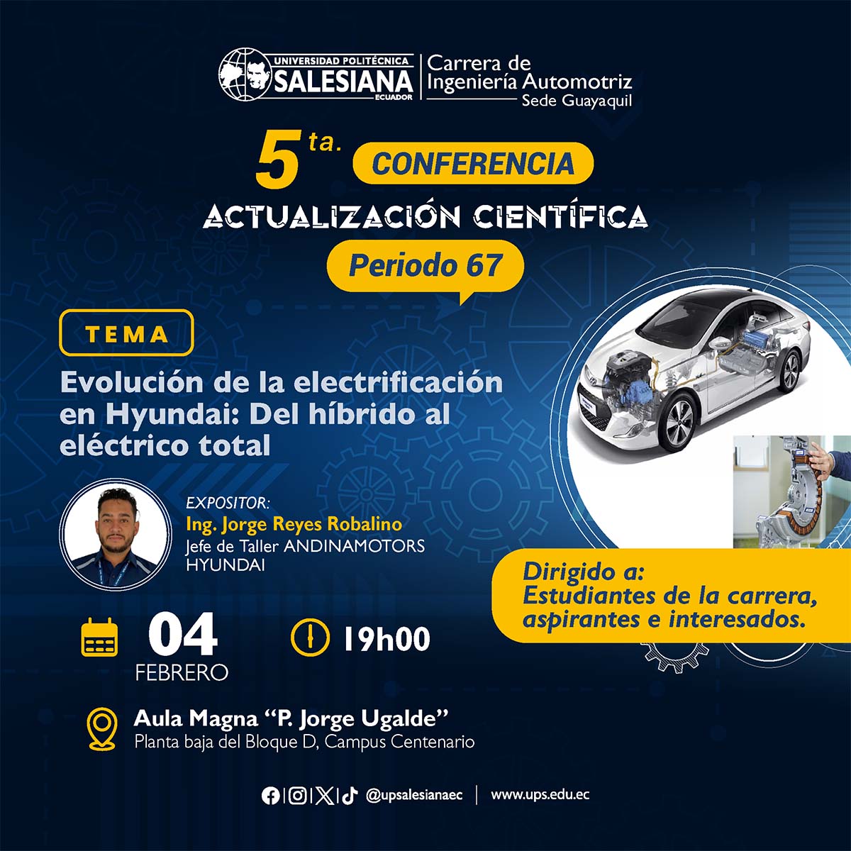 Afiche de la 5ta. conferencia de actualización científica: Evolución de la electrificación en Hyundai