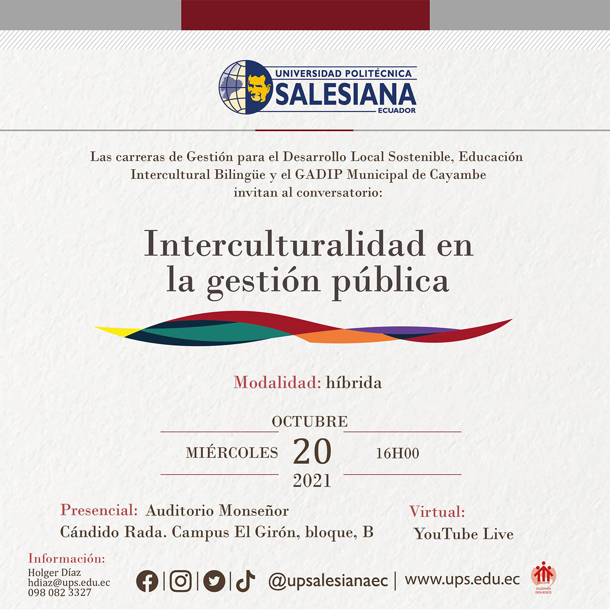 Afiche promocional del Conversatorio: Interculturalidad en la Gestión Pública